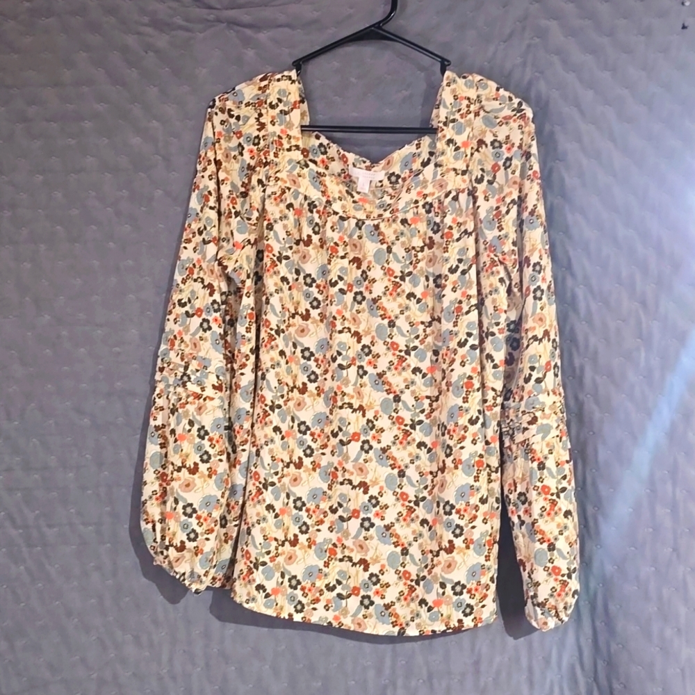 Lauren Conrad Flower Print Peasant Long Sleeve Bouse Size Large